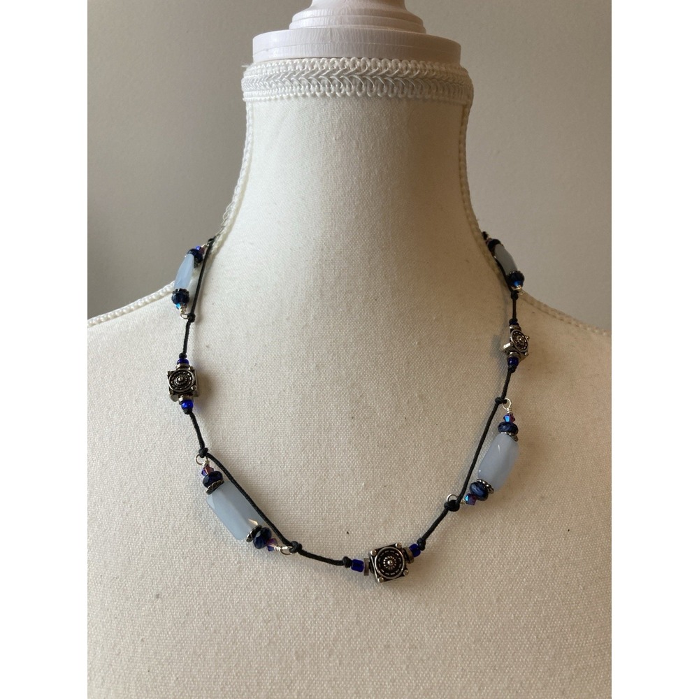 Artisan Black Cord Station Necklace Blue‎ Glass Beads Silver Tone Medallions